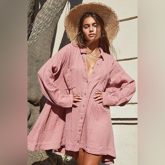 Free People Pink Cotton Gauze Voyager Oversized Relaxed Fit Tunic Shirt Dress - Picture 11 of 12